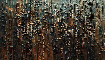 Braille abstraction on a copper wall. Experience the electric energy of this stunning city painting, where the lights dance to the rhythm of urban life