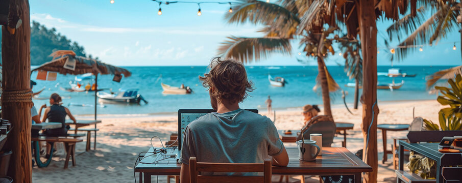 Remote Work Setup with Ocean View at Tropical Beach