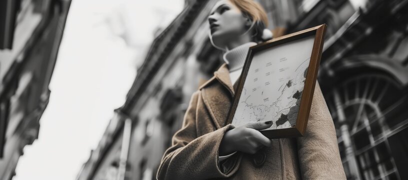 Woman Holding the Painting. Beautiful girl in coat holding a framed picture in the city. Shooting from bottom to top