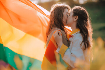 Couple of women kissing with rainbow flag at outdoor meeting. LGBT event - obrazy, fototapety, plakaty
