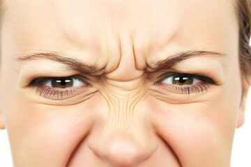 A young woman is angry or in pain and looks at the camera. Close-up