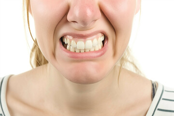 A young woman is angry or in pain, gritting her teeth. Close-up