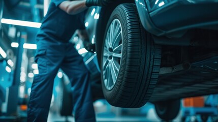 A worker using a tire balancing machine in a modern tire shop, the scene depicting the technology and skill involved in ensuring vehicle safety