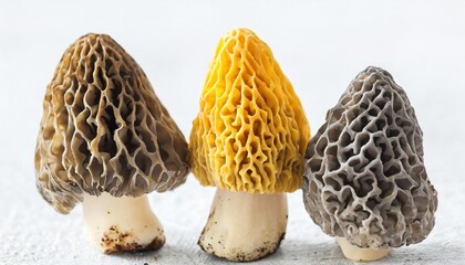 three gray and yellow morel mushrooms isolated on white - obrazy, fototapety, plakaty