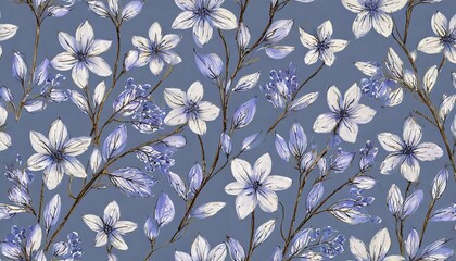 very peri seamles pattern of tree branch with flowers and leaves graphic hand drawn blossom tree on blue background simple pencil art for drawn fabric gift wrap wallpaper card textile