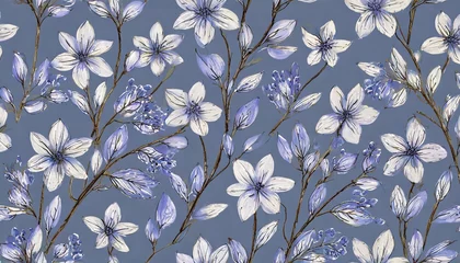 Fotobehang Pantone 2022 very peri very peri seamles pattern of tree branch with flowers and leaves graphic hand drawn blossom tree on blue background simple pencil art for drawn fabric gift wrap wallpaper card textile