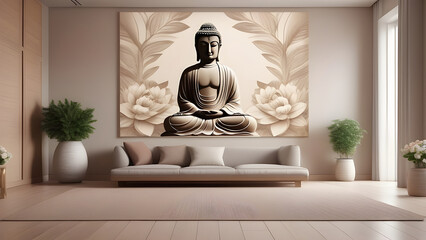 Oriental style room, beige tones, Buddha painting on the wall.