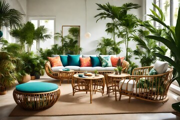 A tropical-inspired lounge with bamboo furniture, vibrant cushions, and large palm plants creating...
