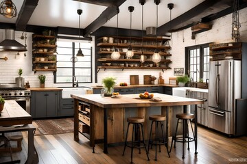 A vintage industrial kitchen with salvaged wood, Edison bulb lighting, and metal accents. An...