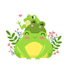 Three funny cute green frogs sitting surrounded by spring flowers. Kawaii characters. Illustration isolated.