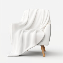 A soft, white fleece blanket draped over a modern armchair with wooden legs, against a white background. Creates a sense of comfort and relaxation. Ideal for home decor visuals.