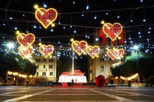 Piazza Tacito decorated for Saint Valentine day in Terni, Umbria, Italy