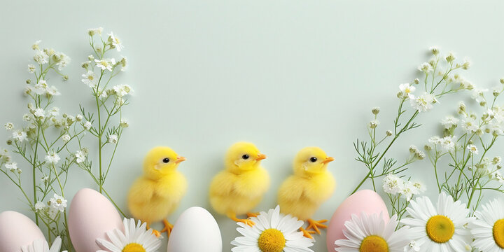 Three yellow fluffy chick white eggs and daisies, flowers on a light green background, embodying the freshness of spring and the joy of Easter.
