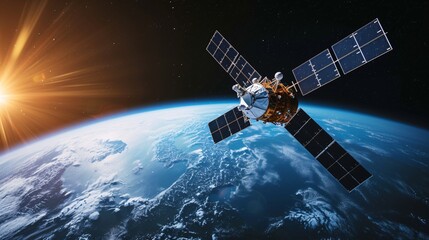Global internet and data communication are provided by a telecommunication satellite orbiting low in space above Europe, utilizing advanced technology for worldwide coverage.
