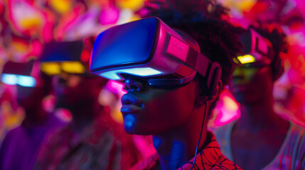 a boy wearing a vr helmet with bright colors in the background, in the style of dark, foreboding colors, colorized, afrofuturism-inspired.