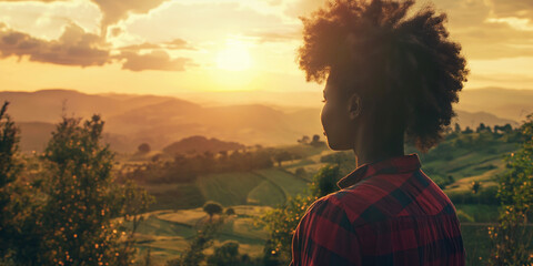 Lifestyle portrait of young black woman hiker in plaid shirt looking out over scenic view of countryside with rolling hills at sunset