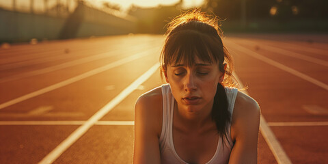 Lifestyle portrait of young teenage athlete on race track, exhausted and focused, preparing for running marathon