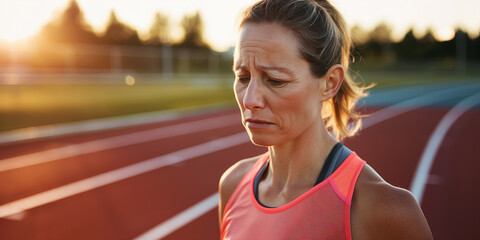 Lifestyle portrait of mature woman athlete standing on race track, exhausted and upset after losing running marathon - obrazy, fototapety, plakaty