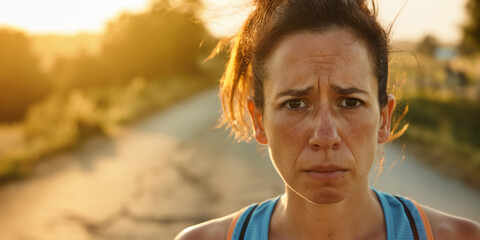 Portrait of athletic woman runner, strong and focused, running on country road trail - Powered by Adobe