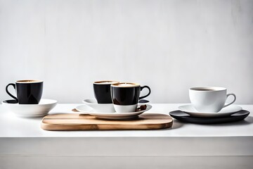 cup of coffee and cookies, Indulge in the simple pleasure of coffee with a captivating scene of two cups, one black and one latte, placed delicately on a pristine white table