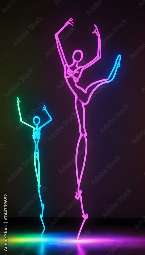 Poster a vibrant display of neon-lit figures in a dance formation, each casting a colorful glow against the