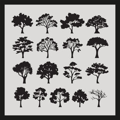 Oak tree silhouette set Clipart on a hex color background