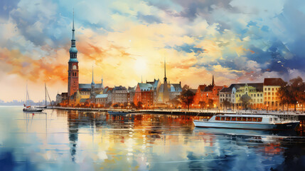 Obraz premium oil painting on canvas, Hamburg City at sunset. Germany.