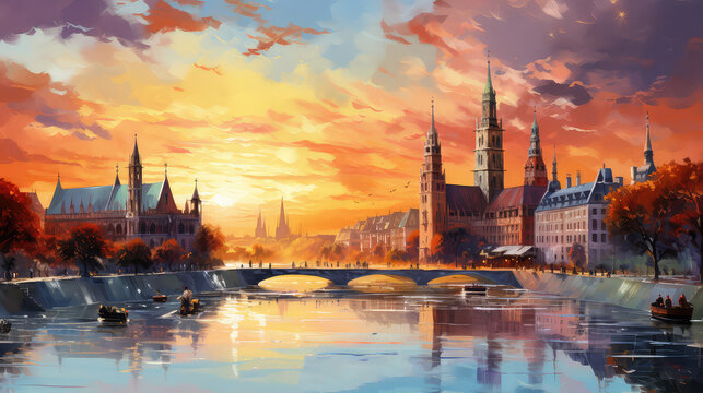 oil painting on canvas, Cologne Cathedral and Hohenzollern Bridge at twilight, Germany.