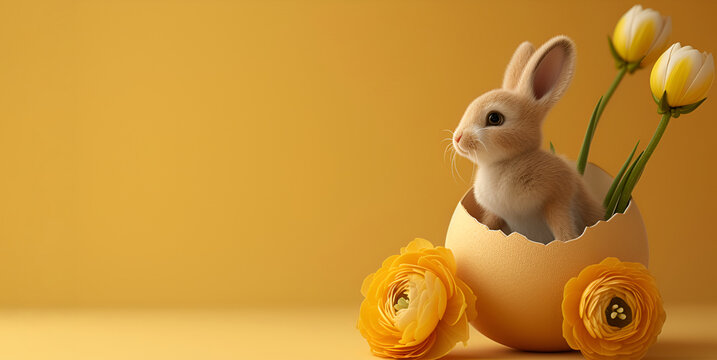 Easter bunny in an eggshell with a delicate flower ranunculus, against a yellow background
