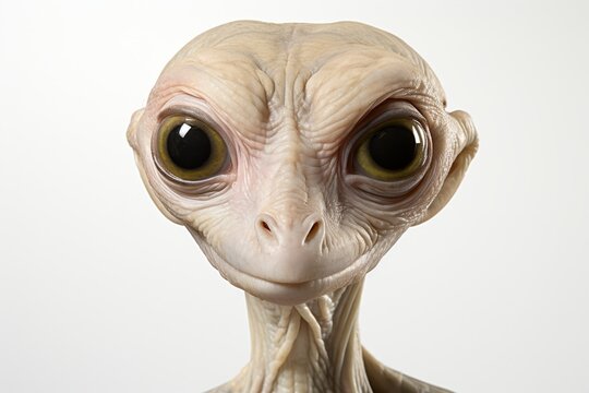 A detailed close-up of an alien being with large expressive eyes and a textured, wrinkled face, staring directly at the viewer on a plain white background, highlighting intricate features.