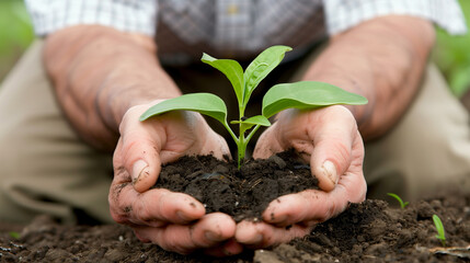 A man holds a green plant in his hands. In the palms of the farmer's hands fertile soil with seedlings. Cultivation of food products. 