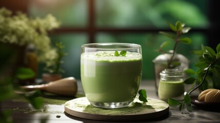 Green matcha milk tea in glass cup, natural blurred background. Green and creamy colors, natural lighting. Powder green tea leaves packed with antioxidants. Vegan healthy life concept. Generative ai