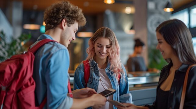 Youthful duo settling payment for accommodation at front desk.
