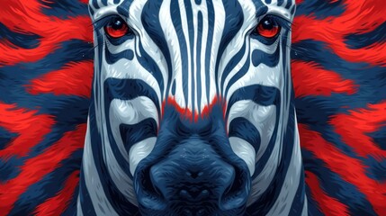  a close up of a zebra's face with red, white, and blue feathers on it's head and a black and white zebra's head.