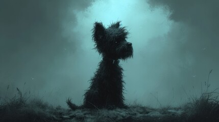 The Lonely Dog, Nighttime Sentry, A Silhouette of a Canine, Darkness and Solitude. - obrazy, fototapety, plakaty