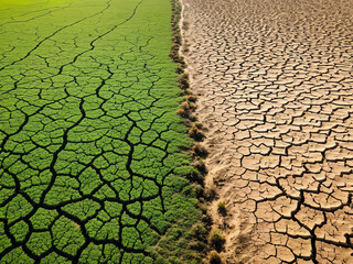 Climate change, A drying tree with air pollution and green grass with beautiful sunlight sky metaphor world nature disaster and global warming concept.
