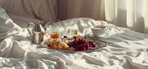 Fototapeta na wymiar Breakfast in bed. Coffee, croissants, orange juice and berries.