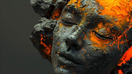an artwork which shows a woman with an orange skin, in the style of burned/charred