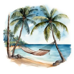 Tranquil Hawaii Beach Hammock Watercolor Tiki Clipart