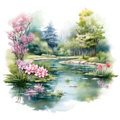 Tranquil Watercolor Spring Garden Clipart with Lush Foliage and Pond