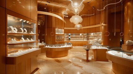 jewelry store interior, sale, consumerism, shopping and background concept