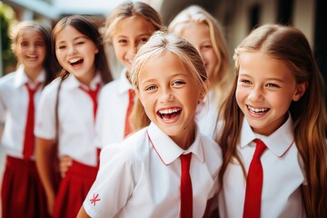 Fototapeta premium Joyful Schoolgirls in White and Red Uniforms A Closeup of Education and Friendship