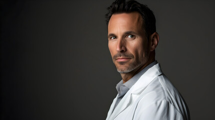 handsome male doctor in his 40s facing forward wearing a doctor’s white coat, professional photography,


