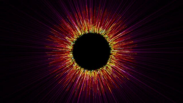Particle generation from a black circle or black hole in the universe. Eye-catching fiery red, yellow and orange colors with glow and purple shine. Radial motion of particles. 4К