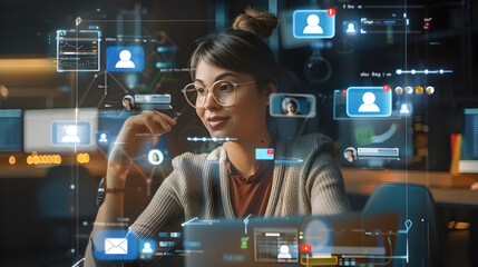 Beautiful Short Haired Project Manager Working on Computer in Office. Augmented Reality Social Media Icons Appear From Worker's Laptop. Internet of Things, Connectivity and Online Concept


