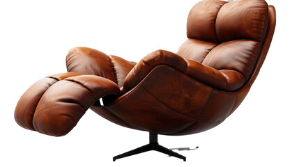 A brown leather chair with a metal base and a footrest on a transparent background. PNG format, This PNG file, with an isolated cutout object on a transparent background. - obrazy, fototapety, plakaty