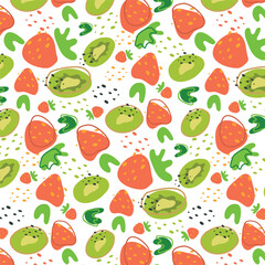 Abstract pattern with strawberry and kiwi pattern in flat style. Fresh Seamless pattern. Vector background. Summer time print. For vape, juice or ice cream background.