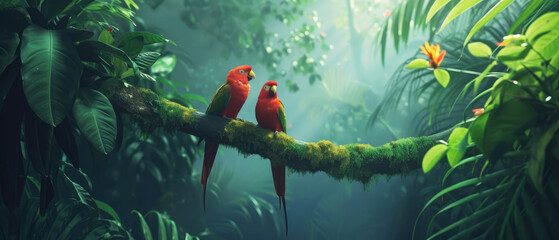Obraz premium Colorful jungle parrot at tropical deep forest. Illustration with birds. Generative AI 