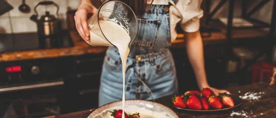 Selbstklebende Fototapeten A girl prepares a milkshake with strawberries in a blender © poto8313