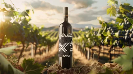 Fotobehang  A wine bottle label where vineyard rows are stylized into geometric shapes, with grapevines curling around them © peera